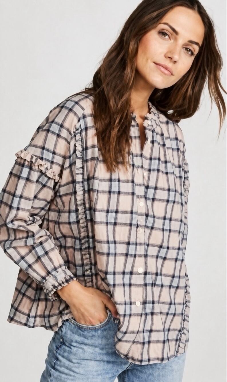 The GREAT The Handsome Button Down Pink Plaid Soft Cotton Size XS